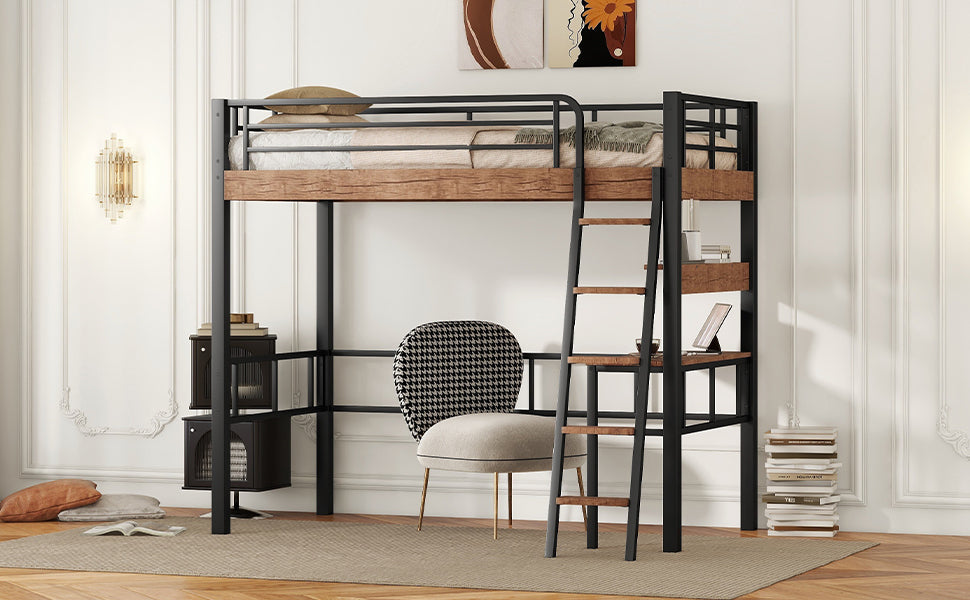 Black Metal Twin Loft Bed with Integrated Desk, Storage Shelf, and Ladder