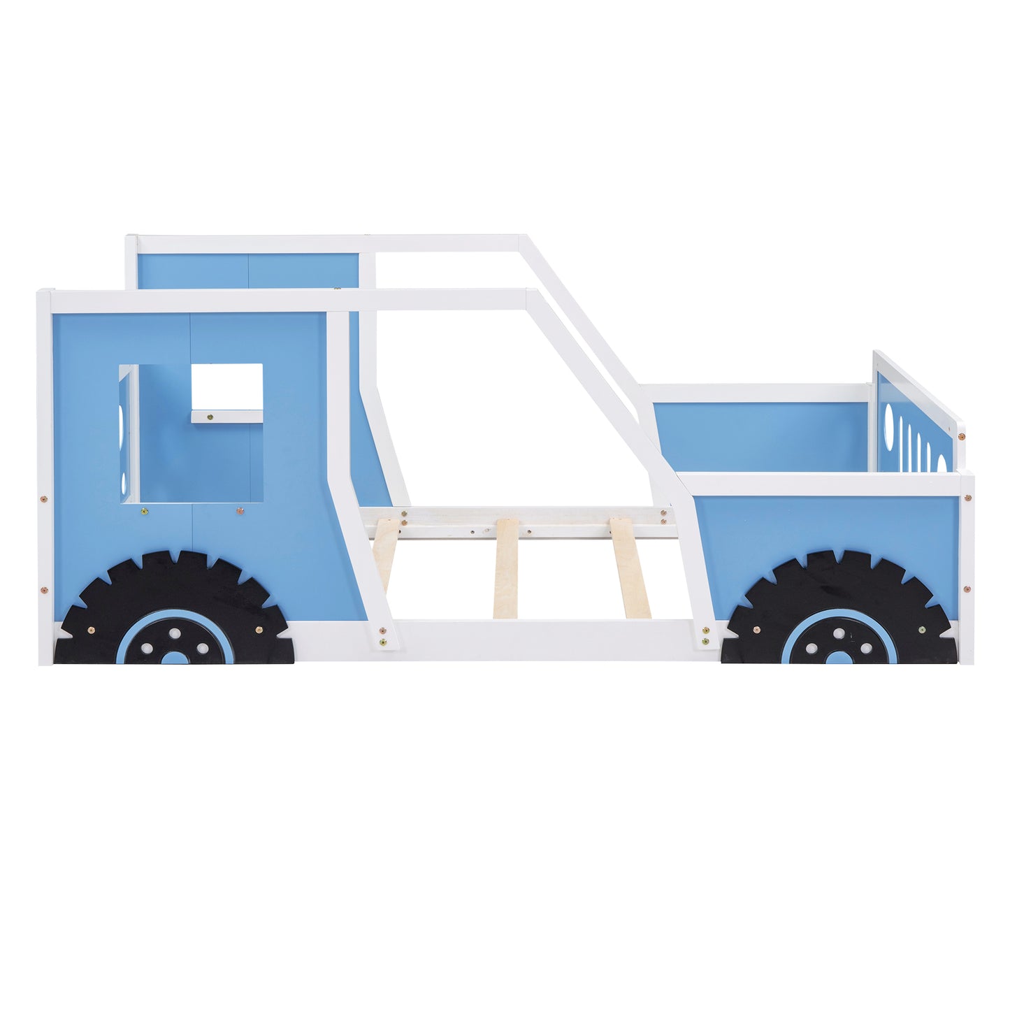 Blue Twin Size Car-Themed Platform Bed with Wheels