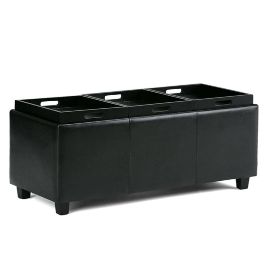 Storage Ottoman with 3 Flip-Over Trays, 41.7 in L, Solid Wood & Foam, Contemporary Midnight Black