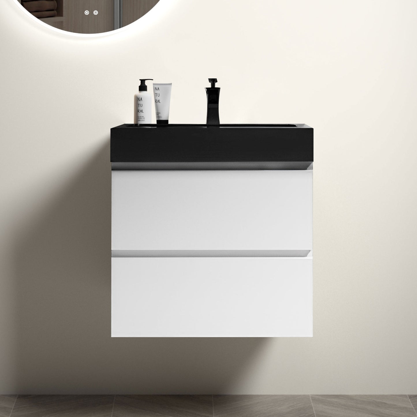 Alice 24" Modern White Floating Bathroom Vanity with Black Sink, Stylish Wall-Mounted Design and Ample Storage, Pre-assembled