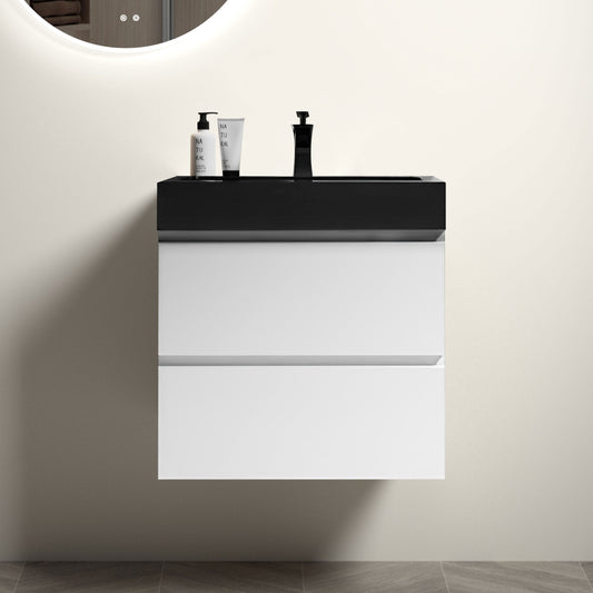 Alice 24" Modern White Floating Bathroom Vanity with Black Sink, Stylish Wall-Mounted Design and Ample Storage, Pre-assembled