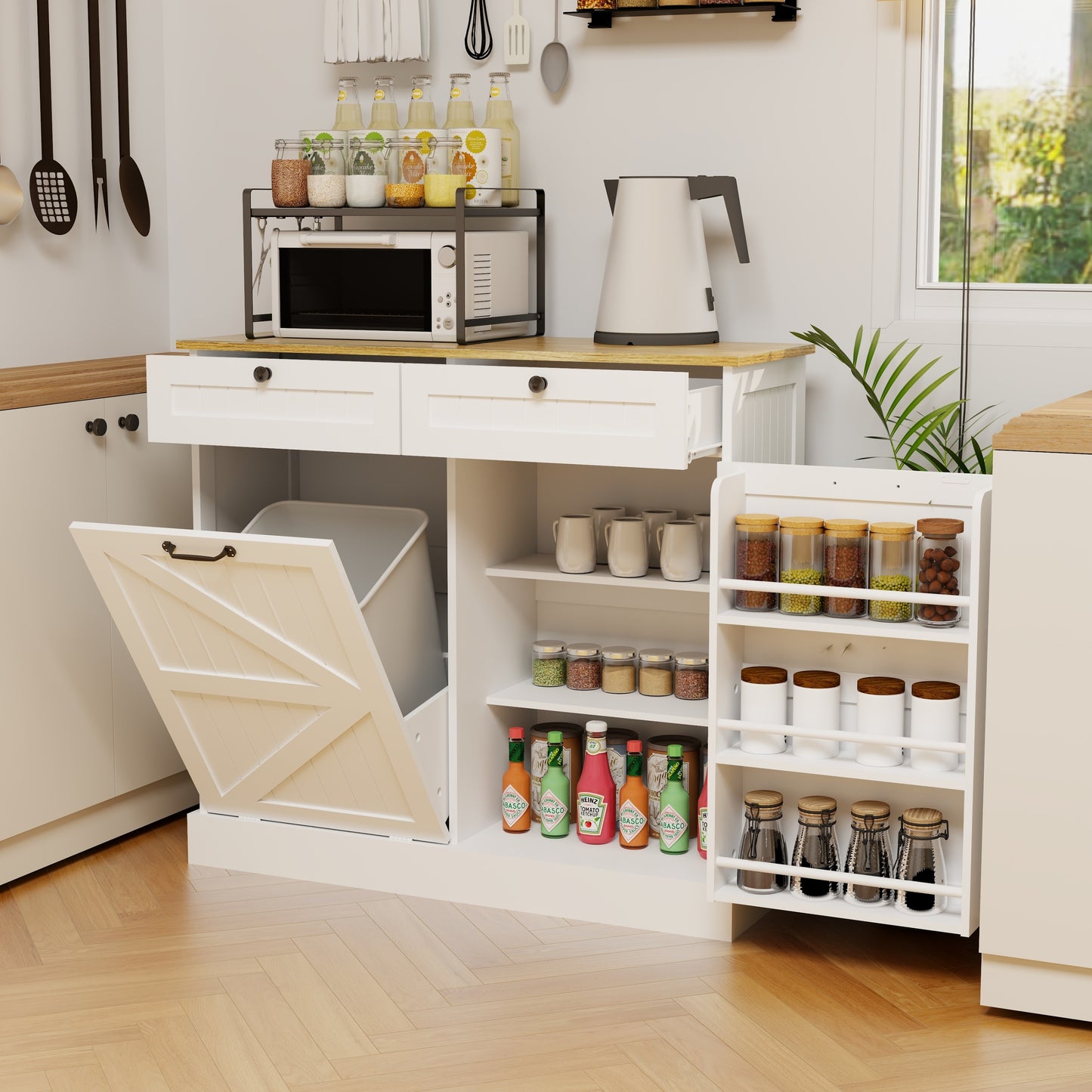 Modern White Kitchen Trash Storage Cabinet with Drawers and Tilt-Out Bin - Multifunctional Organizer for Home Use