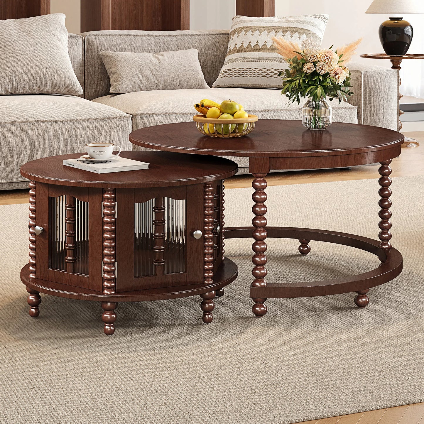 Vintage Round Nesting Coffee Table Set – Two Tables, Six Bamboo Glass Doors Beaded Legs, 31.5-In, Walnut
