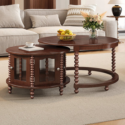 Vintage Round Nesting Coffee Table Set – Two Tables, Six Bamboo Glass Doors Beaded Legs, 31.5-In, Walnut
