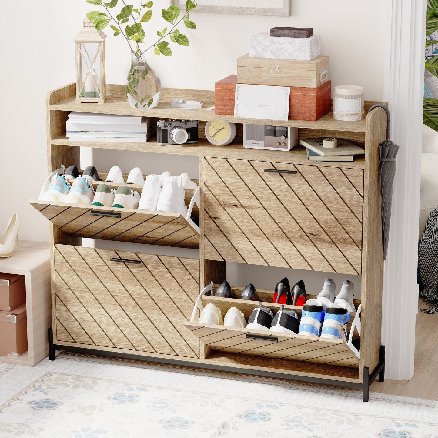 Modern Rustic Shoe Storage Cabinet with Flip Drawers