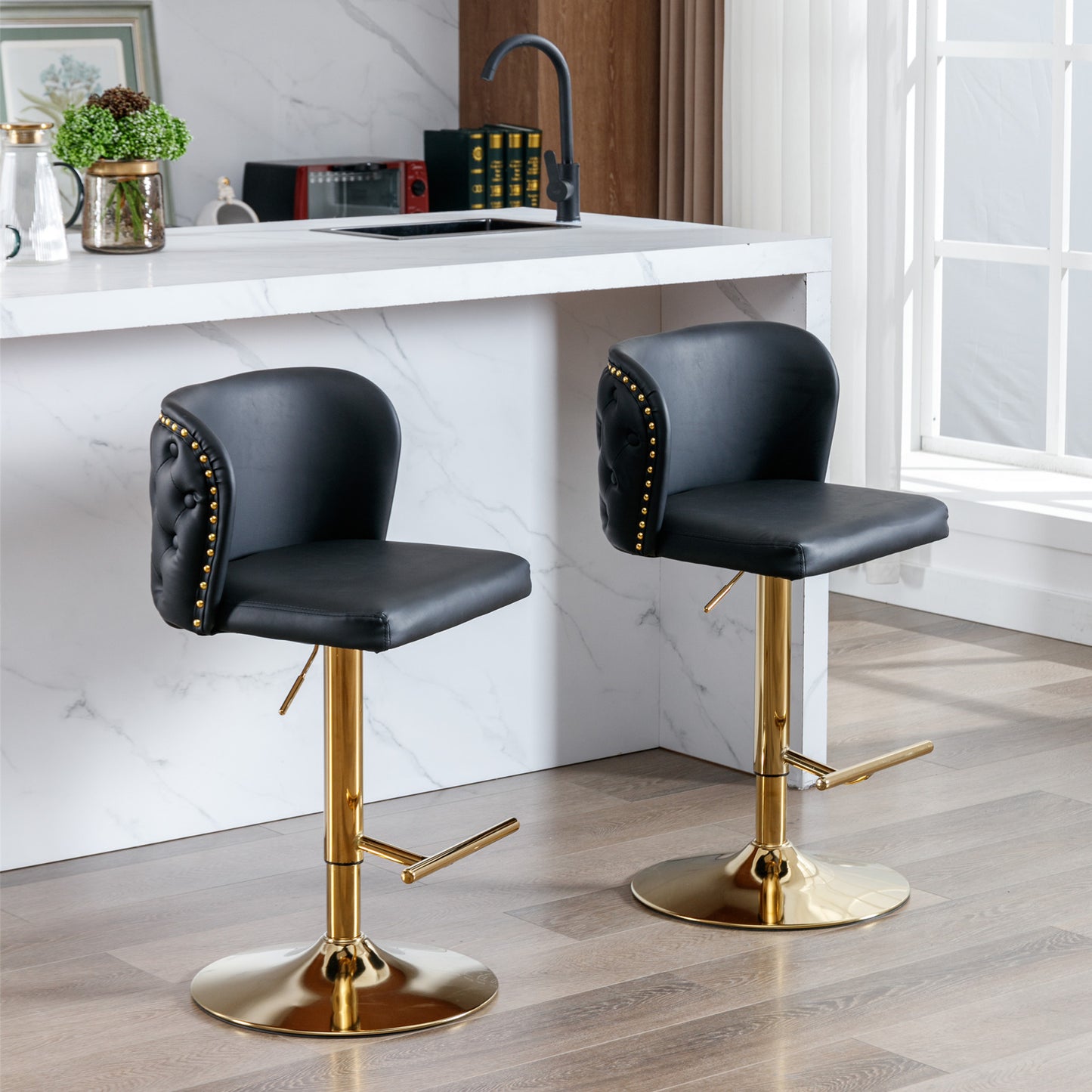 Set of 2 Adjustable Swivel Bar Stools with PU Upholstery and Full Back, Counter Height, Kitchen, Black
