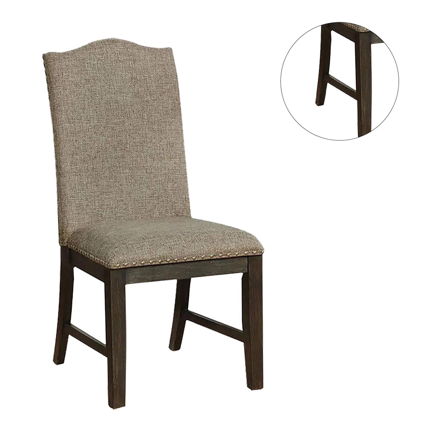 Set of 2 Modern Rustic Dining Chairs, Fabric Upholstered, Nailhead Trim, Rubberwood, Espresso