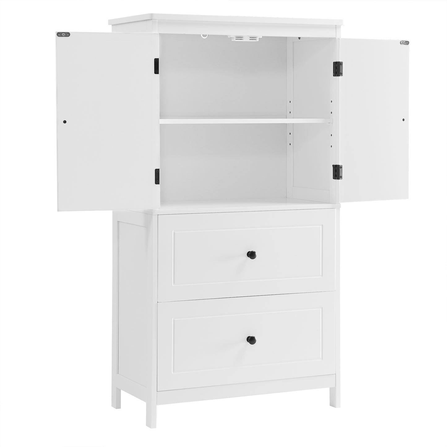 White MDF Bathroom Storage Cabinet with Adjustable Shelves, Two Doors, and Drawers