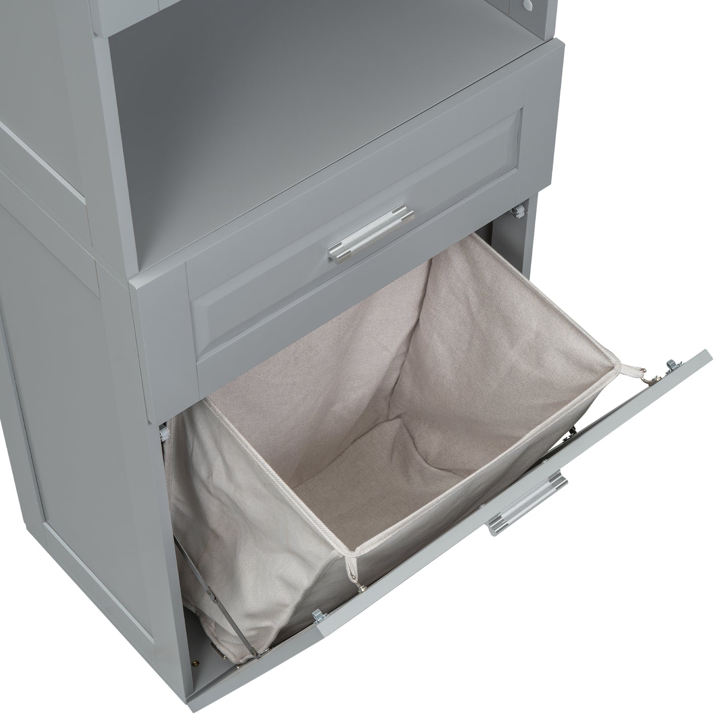 Tall Grey Storage Cabinet with Removable Laundry Hamper, Multi-Functional Upper Shelves and Cabinet Doors