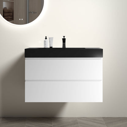 Alice 36" Contemporary White Wall-Mounted Bathroom Vanity with Black Sink Basin, Spacious Storage Solution for Modern Bathrooms, Pre-assembled Design