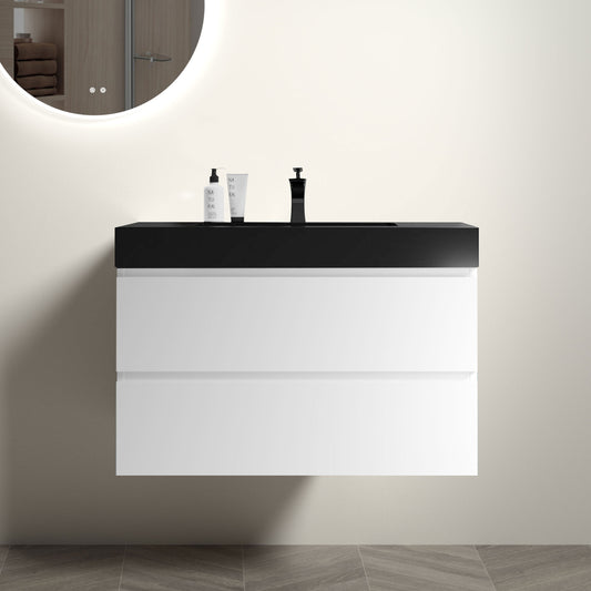 Alice 36" Contemporary White Wall-Mounted Bathroom Vanity with Black Sink Basin, Spacious Storage Solution for Modern Bathrooms, Pre-assembled Design
