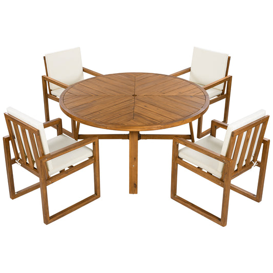 5-Piece Outdoor Patio Dining Set with Acacia Wood Table and Four Armchairs, Cushions Included, Beige