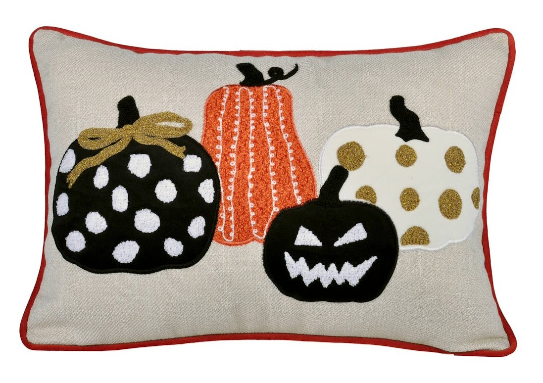Halloween Pumpkin Embroidered Throw Pillow 14x20 LinenBlend Cushion for Sofa Glitter Accents Multicolor