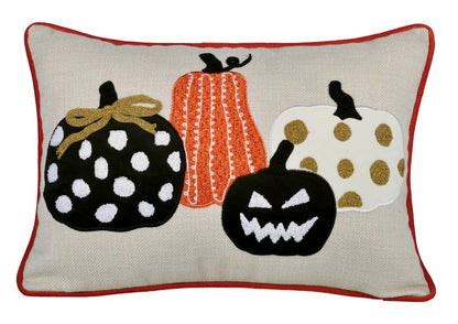 Halloween Pumpkin Embroidered Throw Pillow 14x20 LinenBlend Cushion for Sofa Glitter Accents Multicolor