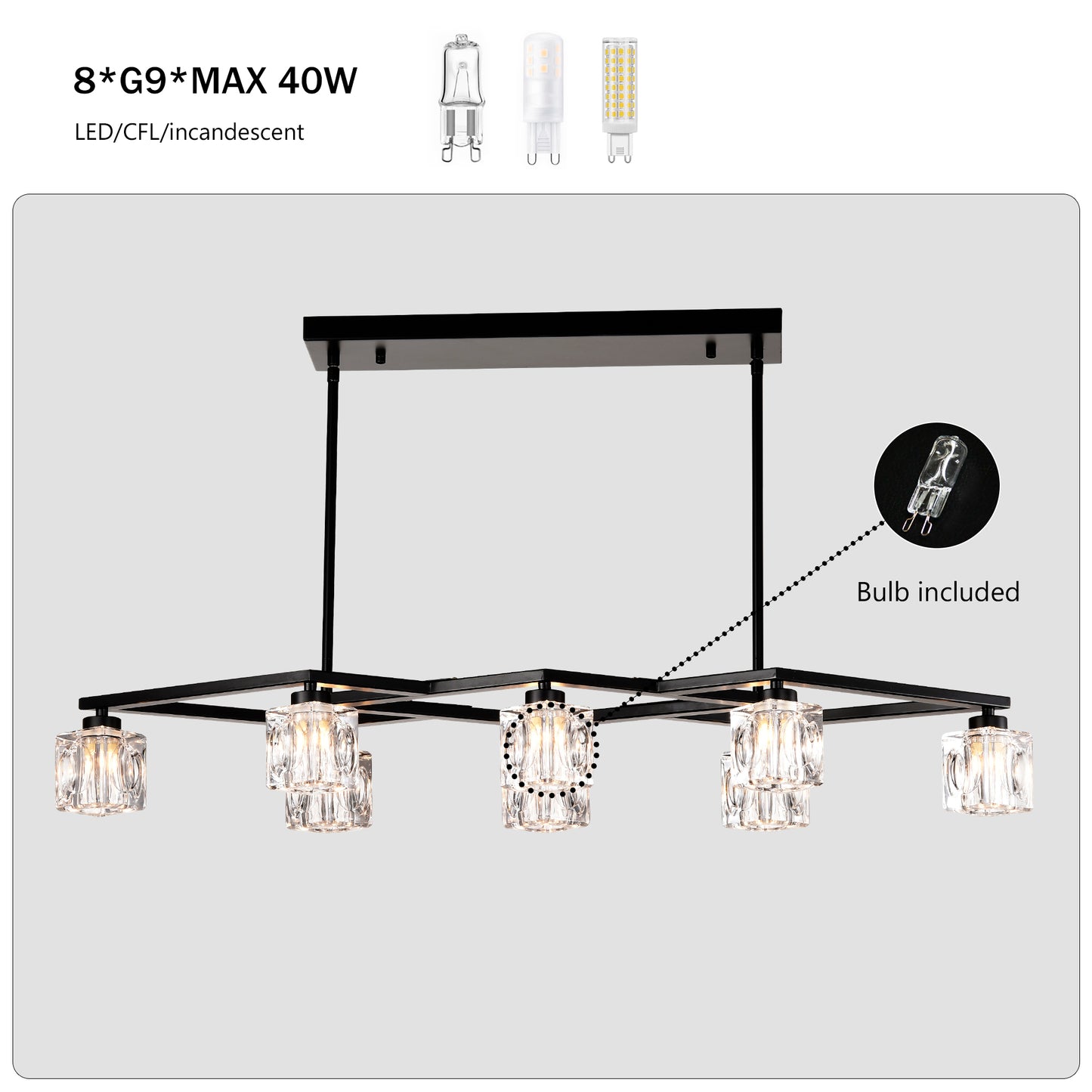 8-Light Metal Chandelier for Dining Room & Kitchen Island, Ceiling Pendant G9 Bulbs Included Matte Black