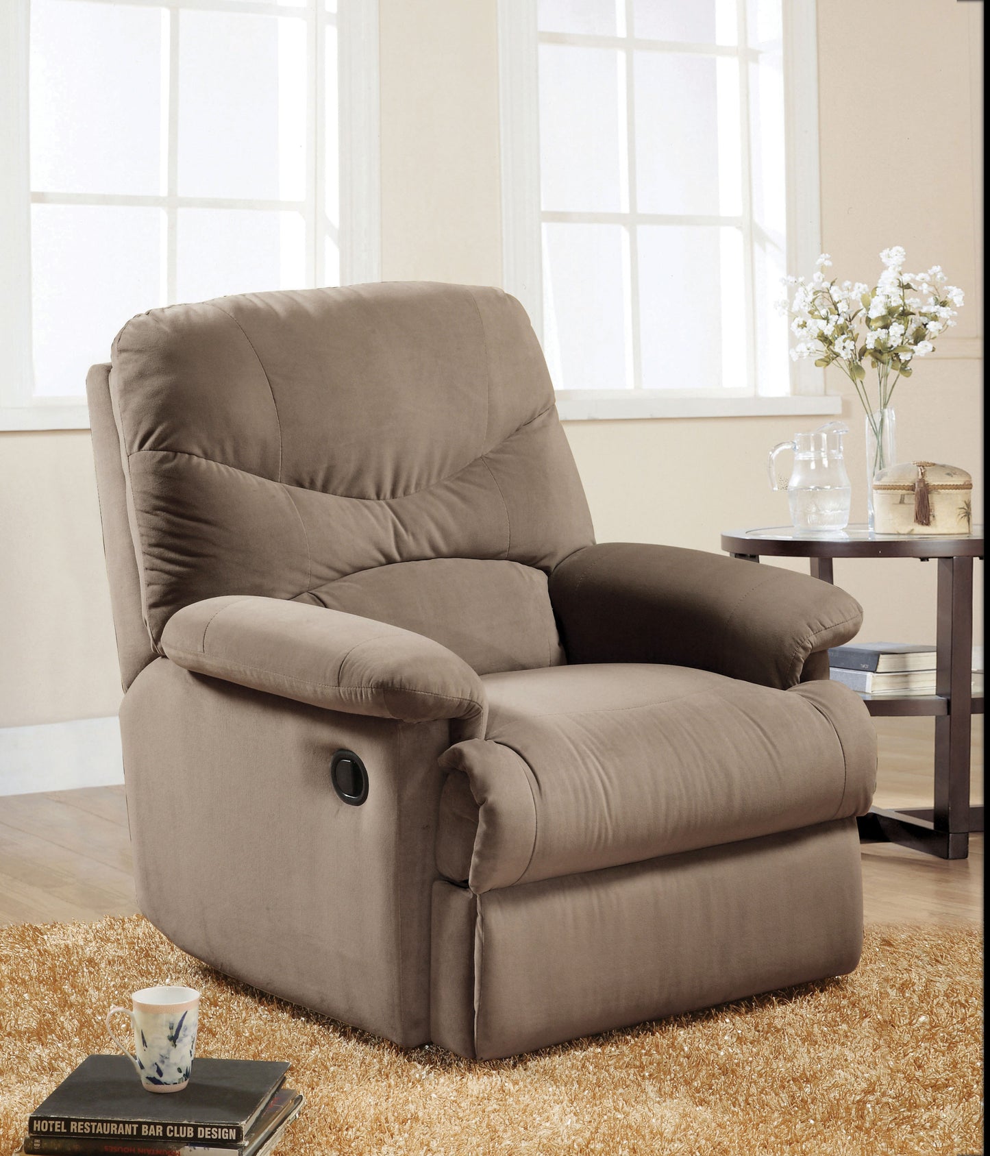 35-Inch Microfiber Motion Recliner with Pillow-Top Armrests, 3-Inch Wall Clearance, D18 Foam Light Brown