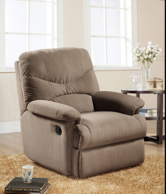 35-Inch Microfiber Motion Recliner with Pillow-Top Armrests, 3-Inch Wall Clearance, D18 Foam Light Brown