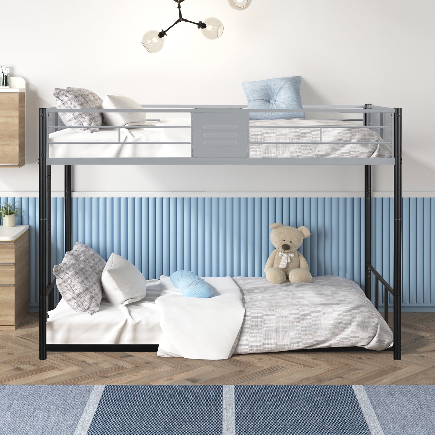 Sturdy Metal Twin Over Twin Bunk Bed with Safety Guardrail and Noise-Reduced Design
