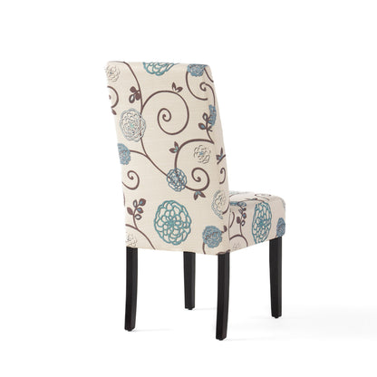 Contemporary Dining Chair Set of 2, 17.5W x 26.5D x 39.5H, Fabric, Rubberwood Legs, White and Blue