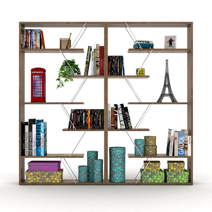 Walnut and Chrome Industrial 6-Shelf Wood Frame Etagere Bookcase for Modern Offices and Living Rooms