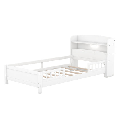 Elegant White Twin Platform Bed with LED Light, Storage Headboard, and Safety Guardrails