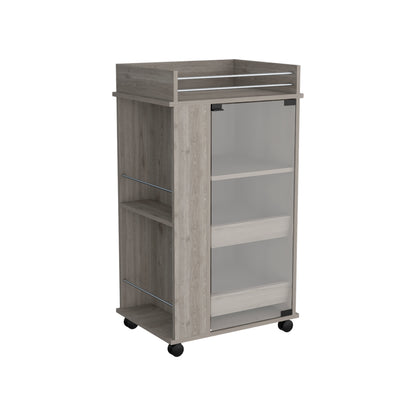Sleek Gray Bar Cart Glass Door Dual Shelves Mobility Casters