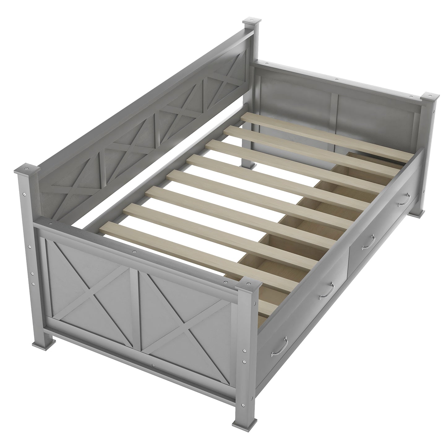 Elegant Twin Size Daybed with Spacious Drawers, X-Frame Design, Modern Rustic Appeal in Gray
