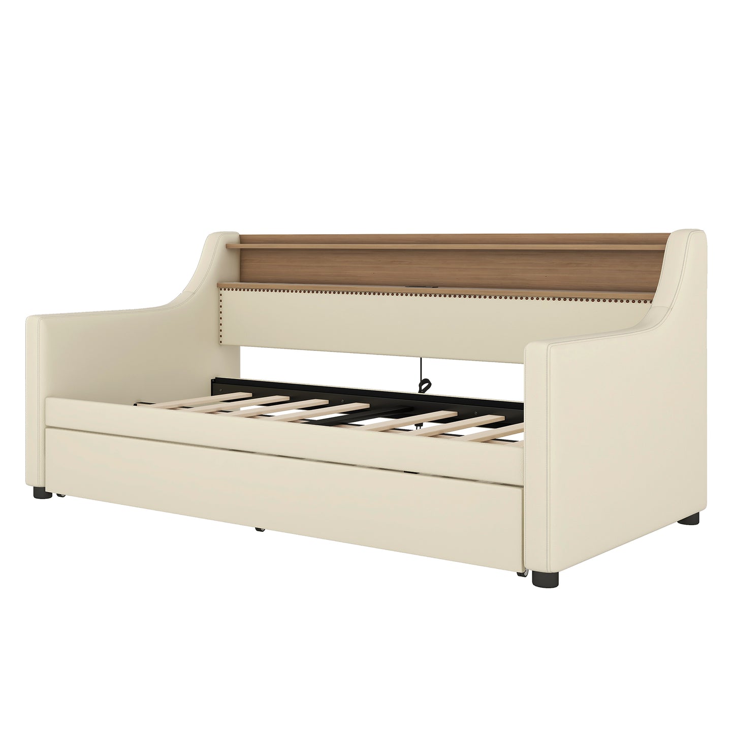 Beige Twin Size Upholstered Daybed with Trundle, USB Charging Station & LED Lighting