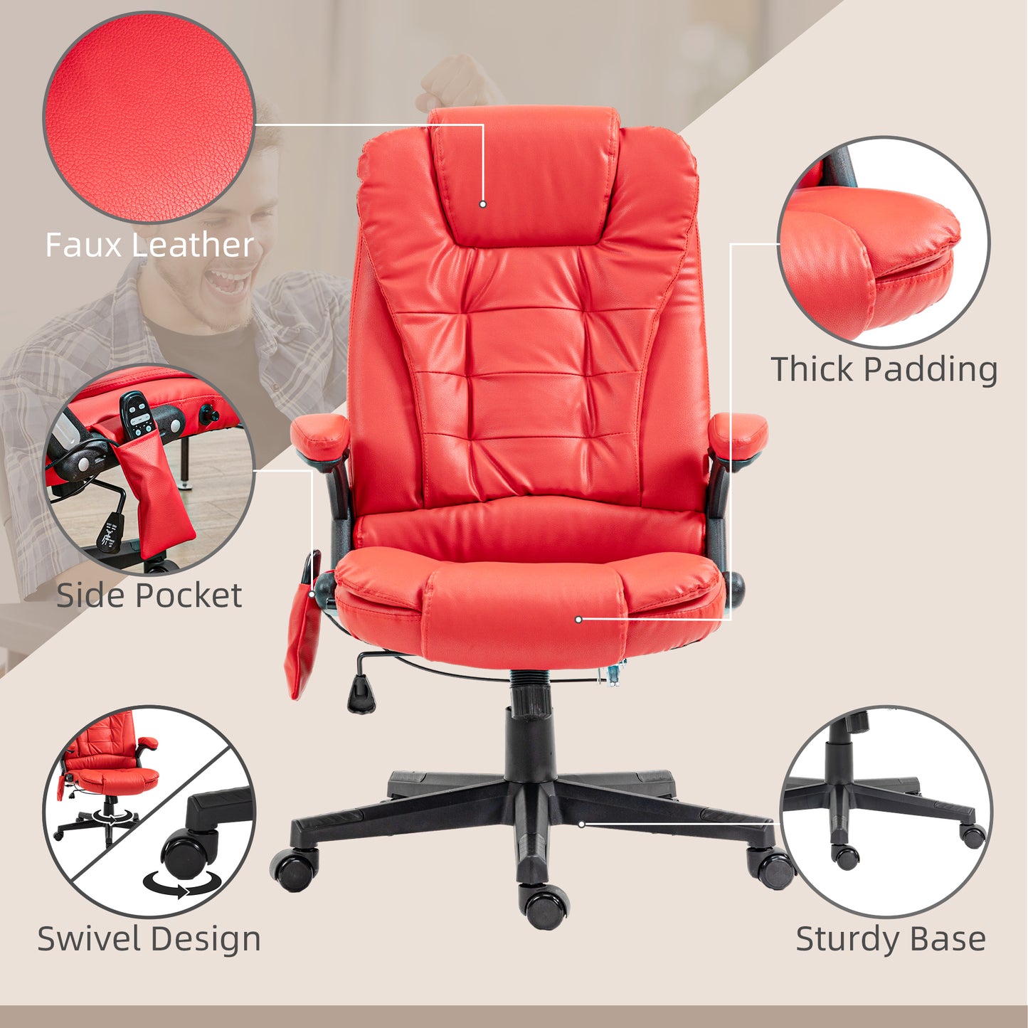 Ergonomic Red Vibration Massage Office Chair with Heated Recline, PU Leather, Remote Control, and Armrests