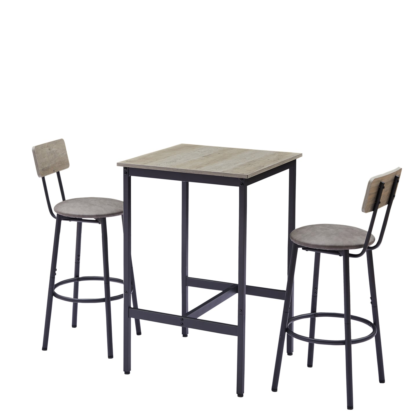 Bar Table Set with 2 Backrest Stools, Rustic PU Cushions, Space-Saving Dining for Kitchen or Bar Grey
