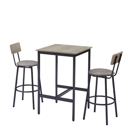Bar Table Set with 2 Backrest Stools, Rustic PU Cushions, Space-Saving Dining for Kitchen or Bar Grey