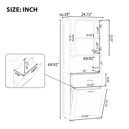 White Tall Storage Cabinet with Tilt-Out Laundry Hamper and Upper Shelves
