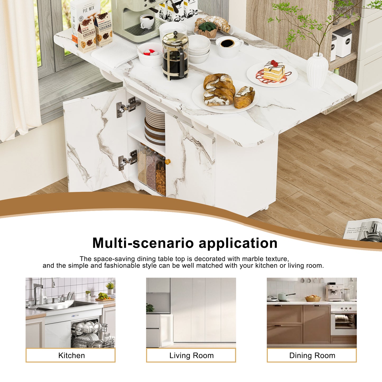 Folding Dining Table Storage Wheels 47Inch White Marble