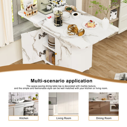 Folding Dining Table Storage Wheels 47Inch White Marble