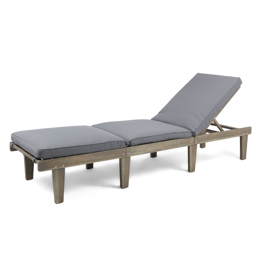 Outdoor Wooden Chaise Lounge With Cushion 78.75-Inch Length Acacia Wood Patio Furniture Modern Relaxation Grey