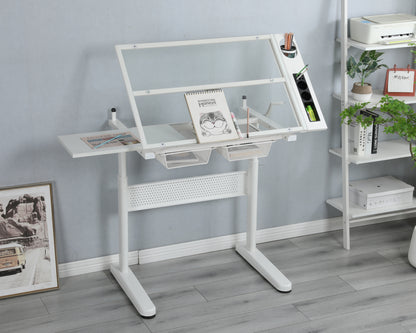 Adjustable Hand Crank Drafting Table with Stool and Dual Metal Drawers (White)