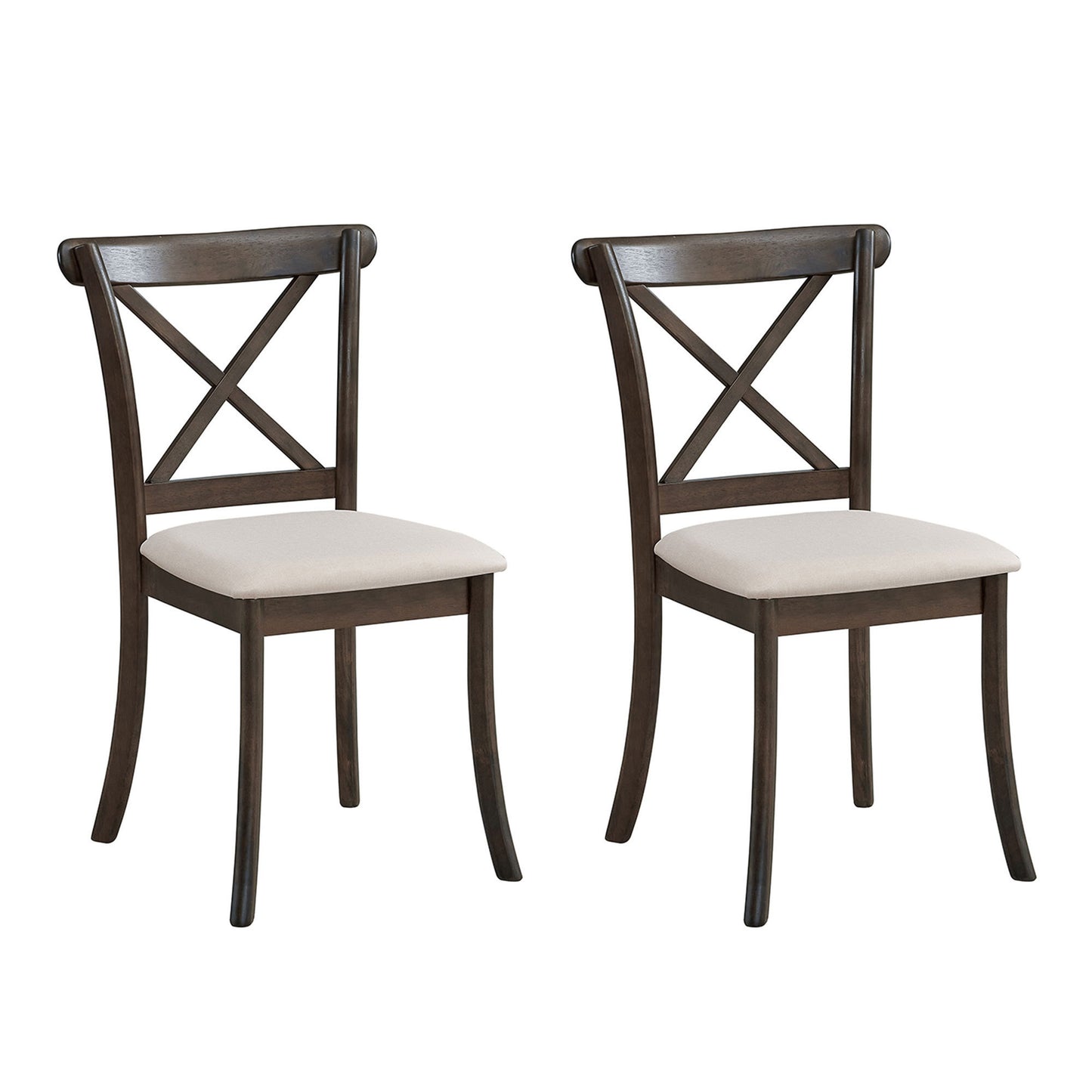 Set of 2 Cross-Back Dining Chairs, Rubber Wood Frame, Fabric Upholstery, Modern Farmhouse Kitchen Chairs Brown