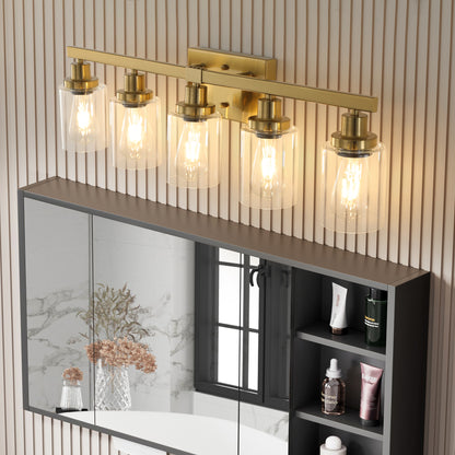 Five-Bulb Vanity Light with Clear Glass Shades Wall Fixture for Bathroom Bulbs Not Included Gold Finish