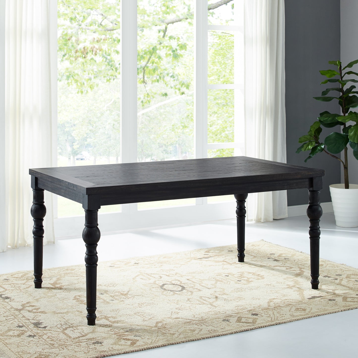 Urban Style Wood Dining Set Table And Six Chairs Dark Wash