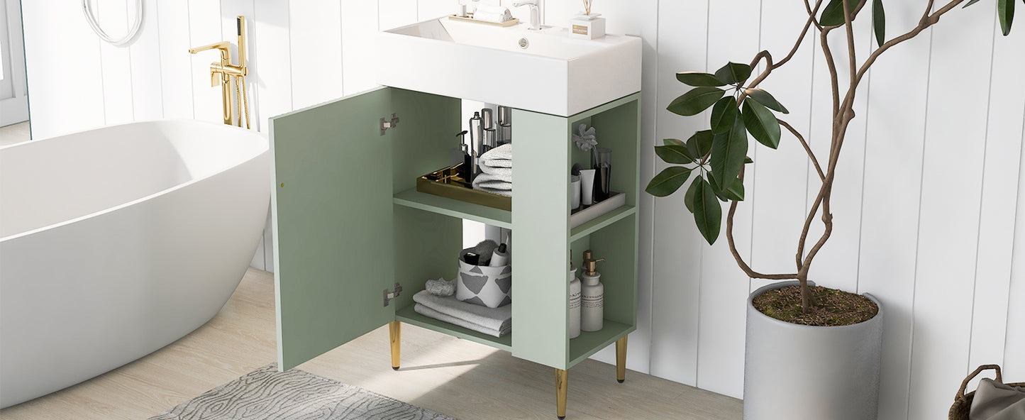 Contemporary 21.6" Green Bathroom Vanity with Ceramic Sink and Right Side Storage Cabinet