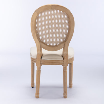 French-Style Solid Wood Dining Chair Set of 2, Linen, Rattan Back, Foam & Steel Spring Cushions, Beige