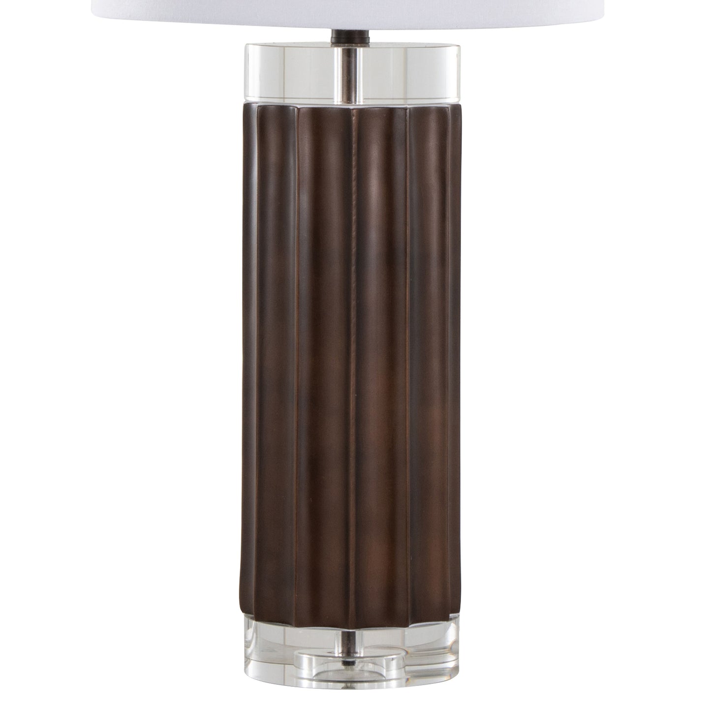 29.25-Inch Fluted Cylinder Table Lamp, Polyresin Base, Crystal Cylinders, White Linen Shade, Brown Lustre
