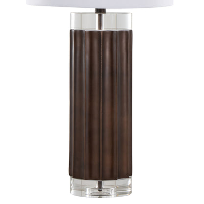29.25-Inch Fluted Cylinder Table Lamp, Polyresin Base, Crystal Cylinders, White Linen Shade, Brown Lustre