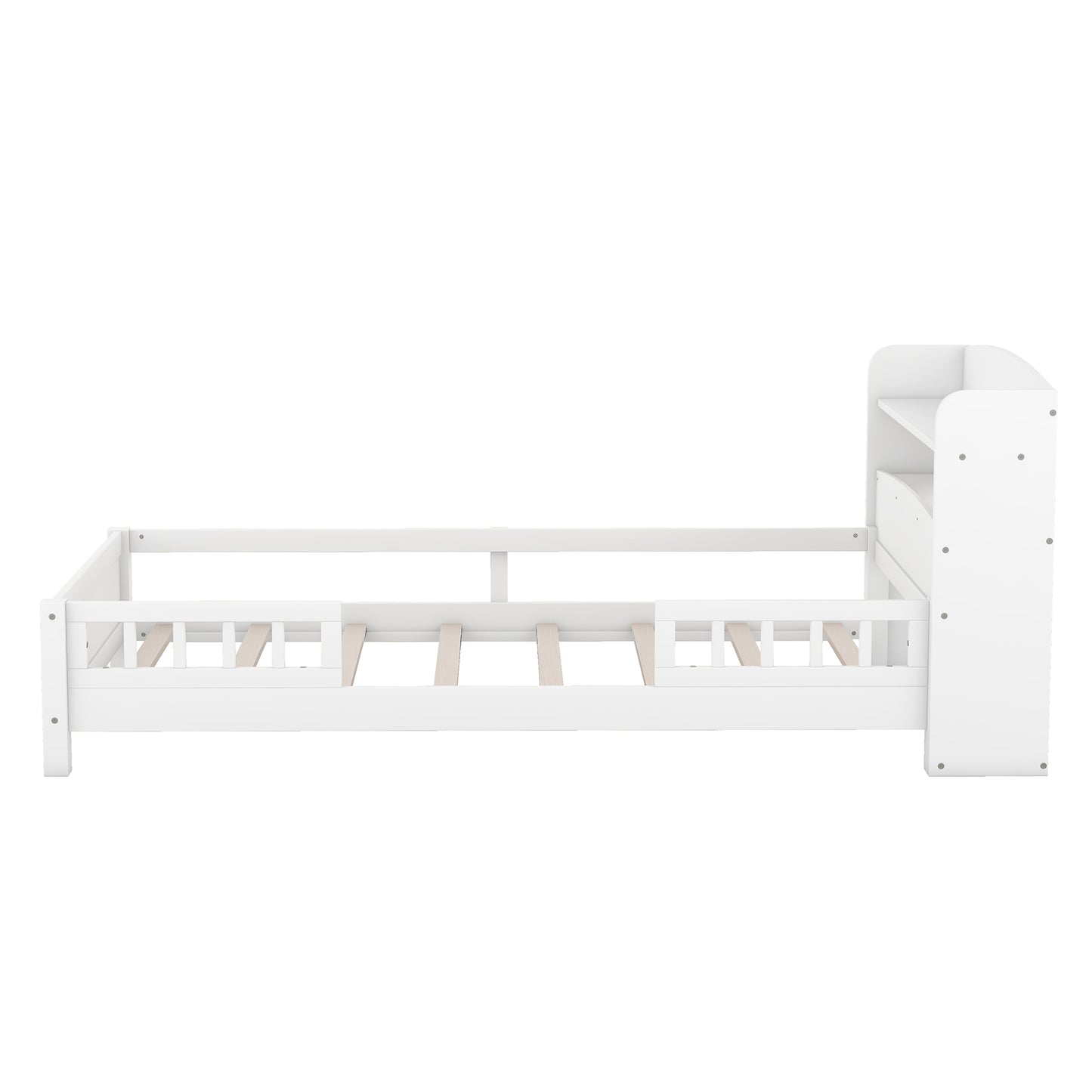 Elegant White Twin Platform Bed with LED Light, Storage Headboard, and Safety Guardrails