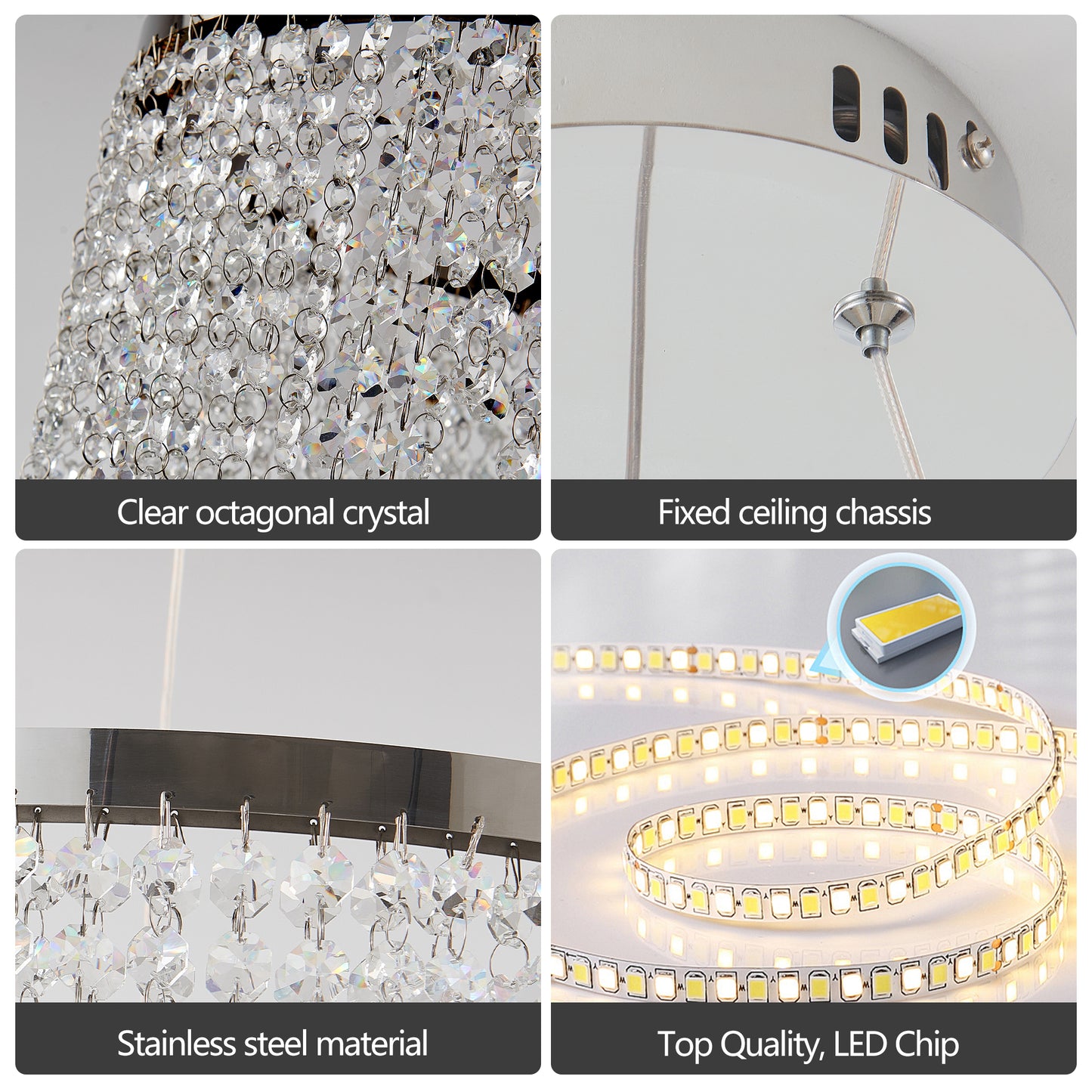 15.7-Inch Crystal Pendant Ceiling Light with Adjustable Height, 16W LED, 110V, Chrome/Transparent