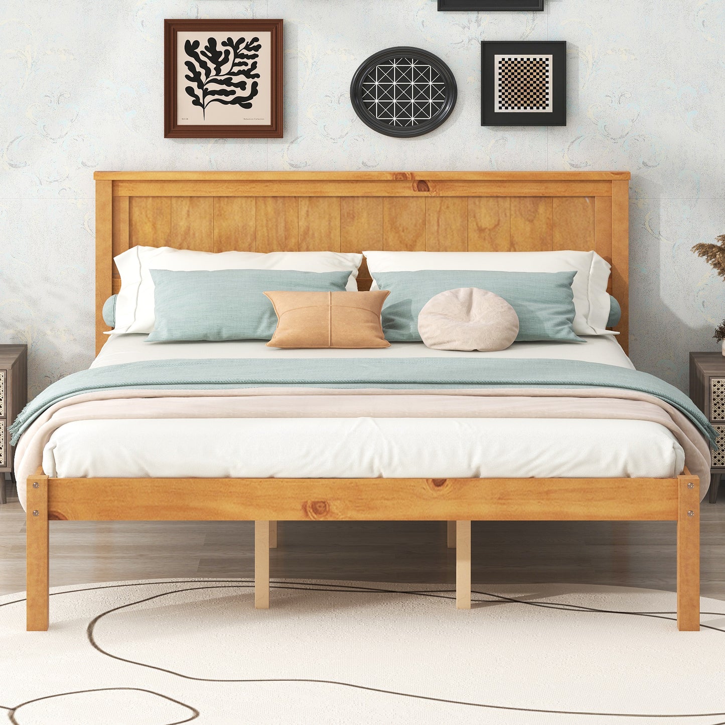 Elegant Oak Platform Bed Frame with Headboard - No Box Spring Required, Queen Size