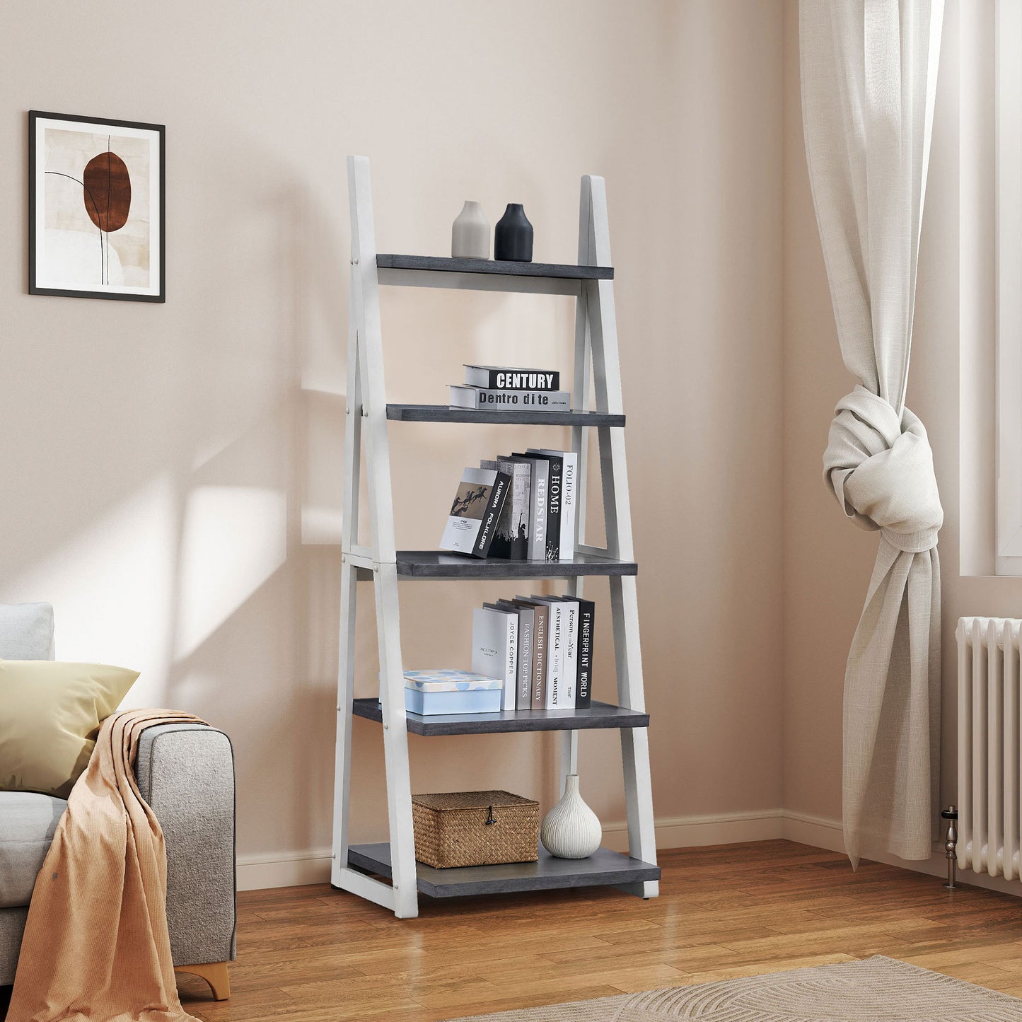 Modern 5-Tier Ladder Bookshelf with Solid Rubber Wood Frame for Versatile Storage in Any Room