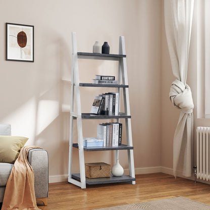 Modern 5-Tier Ladder Bookshelf with Solid Rubber Wood Frame for Versatile Storage in Any Room
