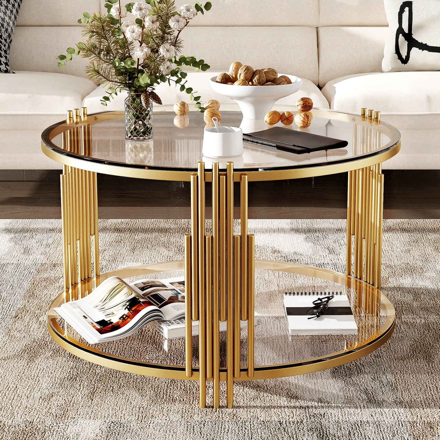 31.5-Inch Modern Glass Coffee Table with Asymmetric Metal Frame and Circular Drum Base - Gold Finish