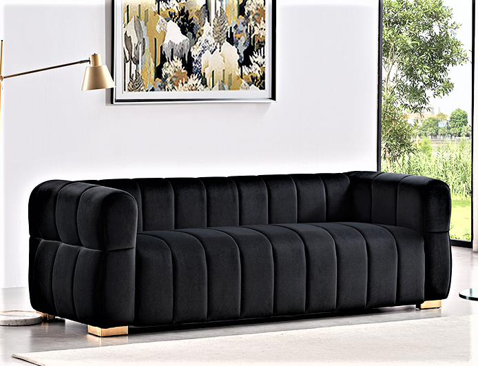 Velvet 3-Seater Sofa with Tufted Low Back, 89-Inch Wide, Easy Assembly, Art Deco Living Room Couch Black